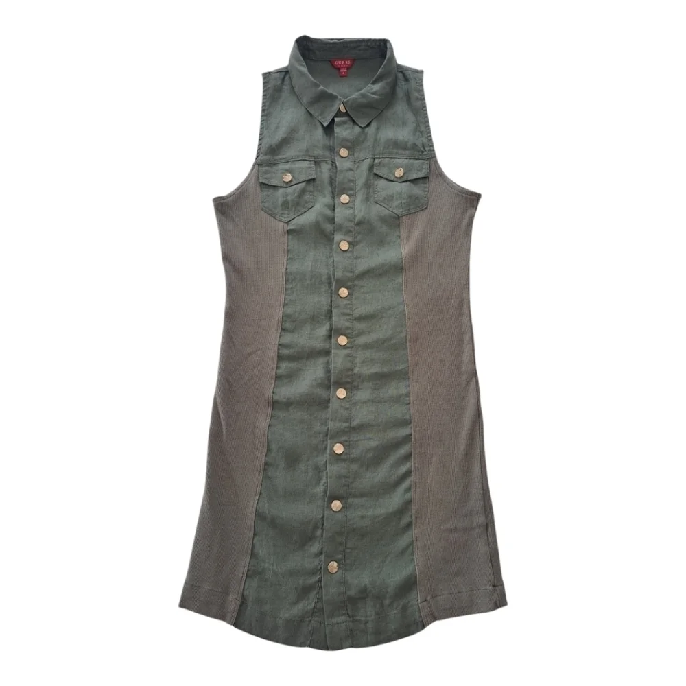 GUESS linen khaki sleeveless mini dress snap closure tunic - Picture 2 of 13